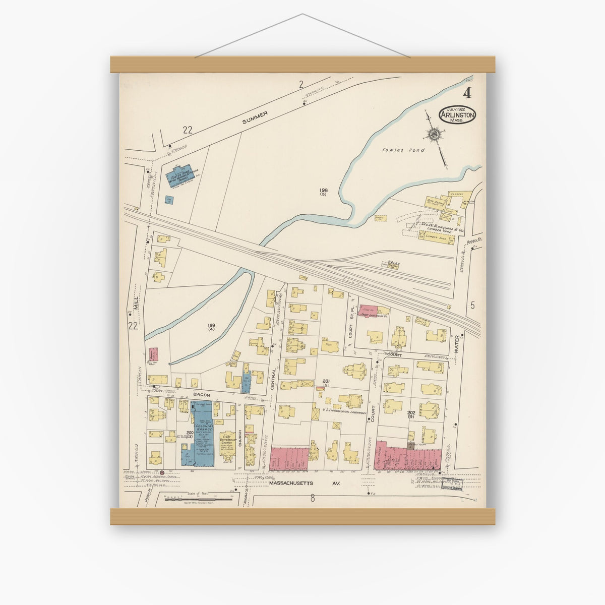 Old map wall art mockup — magnetic wood frame on white wall — Sanborn Fire Insurance Map from Arlington, Middlesex County, Massachusetts (1922), Sheet #0004
