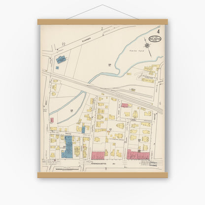 Old map wall art mockup — magnetic wood frame on white wall — Sanborn Fire Insurance Map from Arlington, Middlesex County, Massachusetts (1922), Sheet #0004