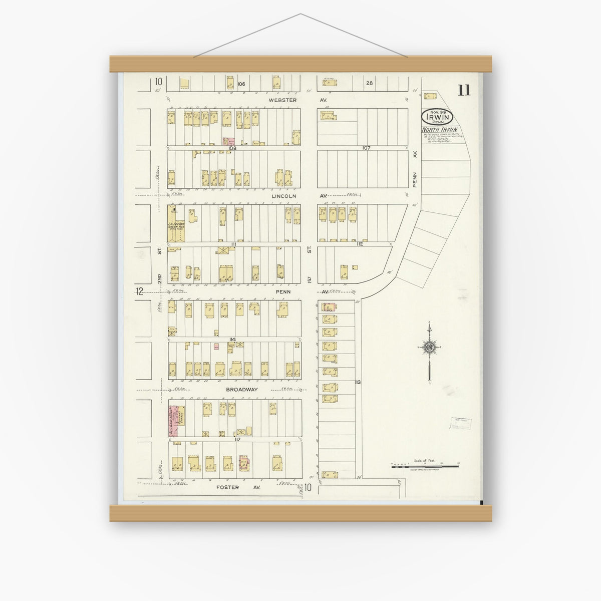 Old map wall art mockup — magnetic wood frame on white wall — Sanborn Fire Insurance Map from Irwin, Westmoreland County, Pennsylvania (1919), Sheet #0011