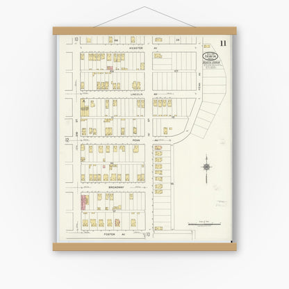 Old map wall art mockup — magnetic wood frame on white wall — Sanborn Fire Insurance Map from Irwin, Westmoreland County, Pennsylvania (1919), Sheet #0011