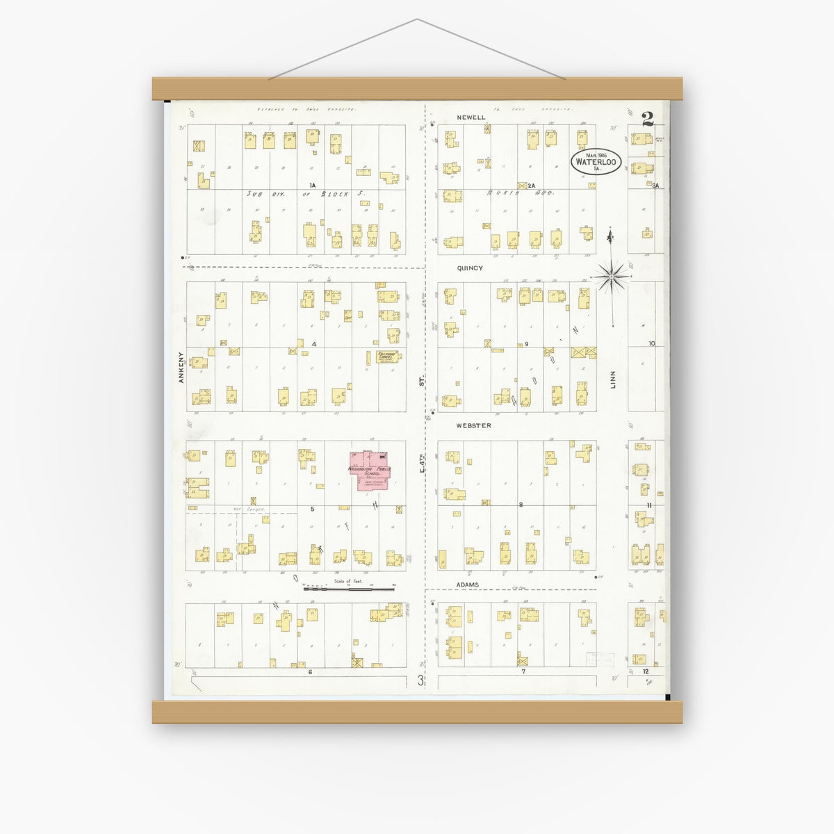 Old map wall art mockup — magnetic wood frame on white wall — Sanborn Fire Insurance Map from Waterloo, Black Hawk County, Iowa (1906), Sheet #0002