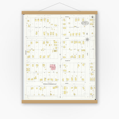 Old map wall art mockup — magnetic wood frame on white wall — Sanborn Fire Insurance Map from Waterloo, Black Hawk County, Iowa (1906), Sheet #0002