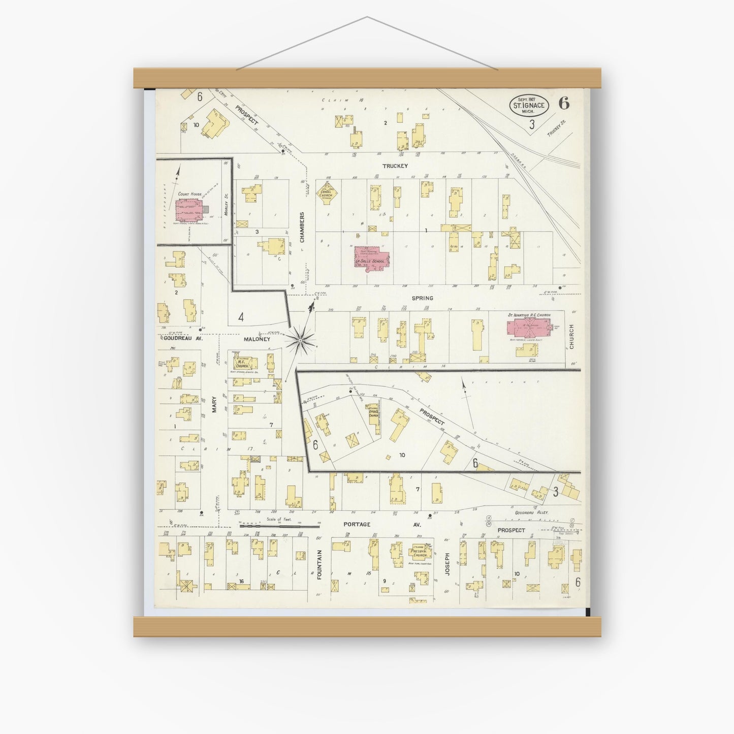 Old map wall art mockup — magnetic wood frame on white wall — Sanborn Fire Insurance Map from Saint Ignace, Mackinac County, Michigan (1907), Sheet #0006