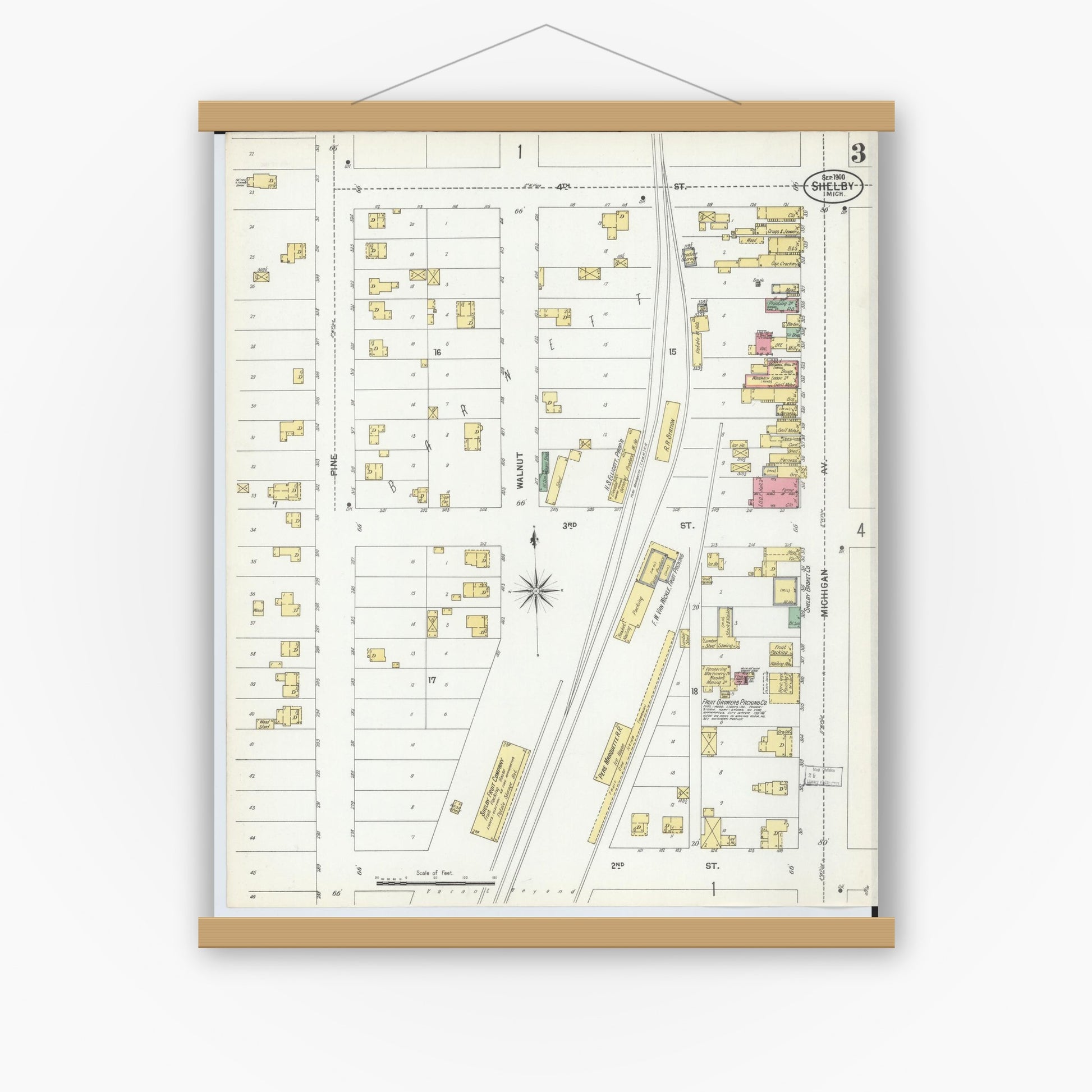 Old map wall art mockup — magnetic wood frame on white wall — Sanborn Fire Insurance Map from Shelby, Oceana County, Michigan (1900), Sheet #0003