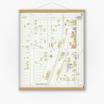 Old map wall art mockup — magnetic wood frame on white wall — Sanborn Fire Insurance Map from Shelby, Oceana County, Michigan (1900), Sheet #0003
