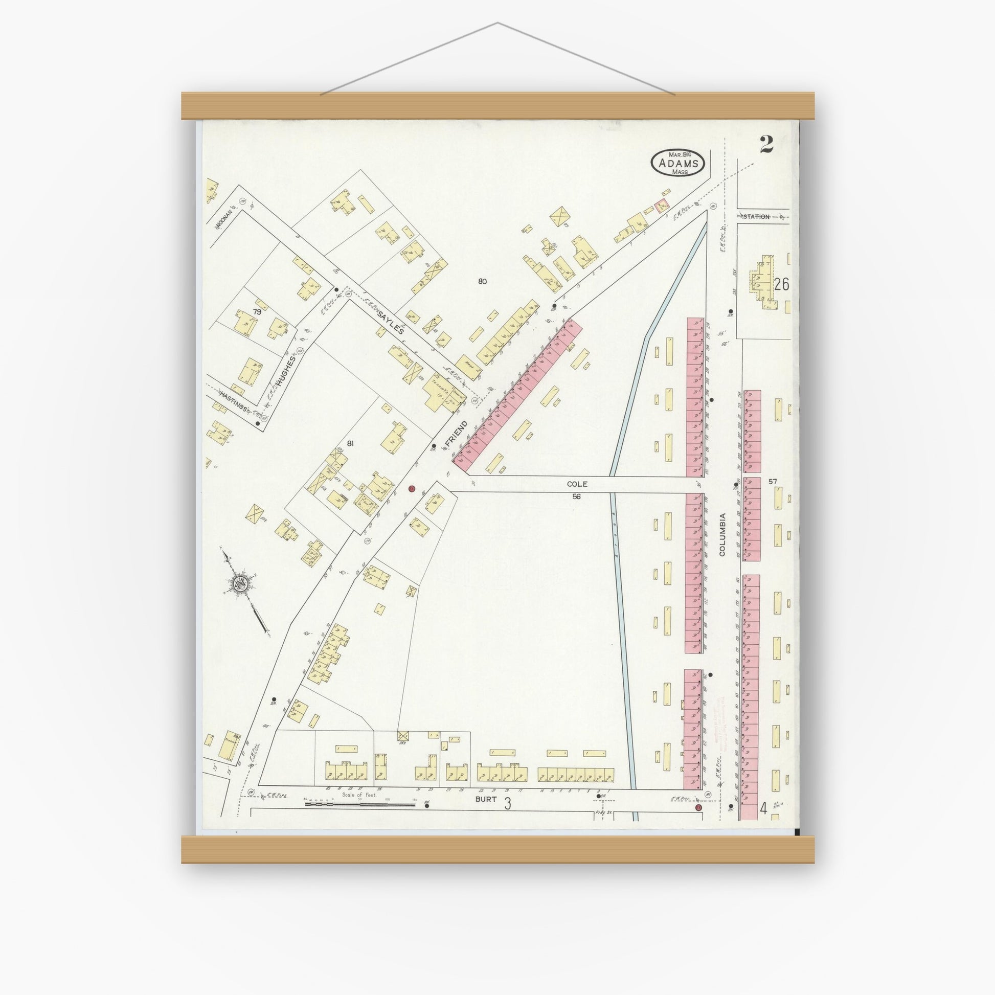 Old map wall art mockup — magnetic wood frame on white wall — Sanborn Fire Insurance Map from Adams, Berkshire County, Massachusetts (1914), Sheet #0002