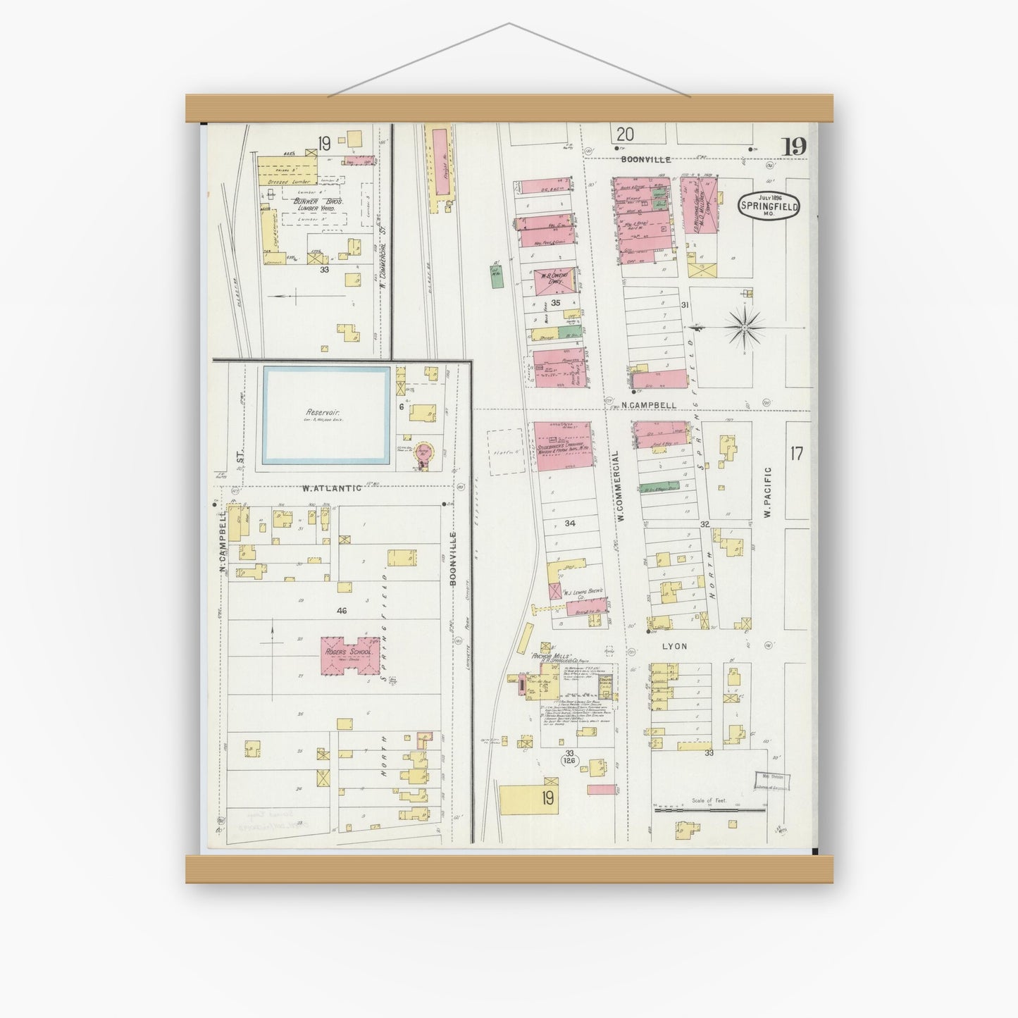Old map wall art mockup — magnetic wood frame on white wall — Sanborn Fire Insurance Map from Springfield, Greene County, Missouri (1896), Sheet #0019