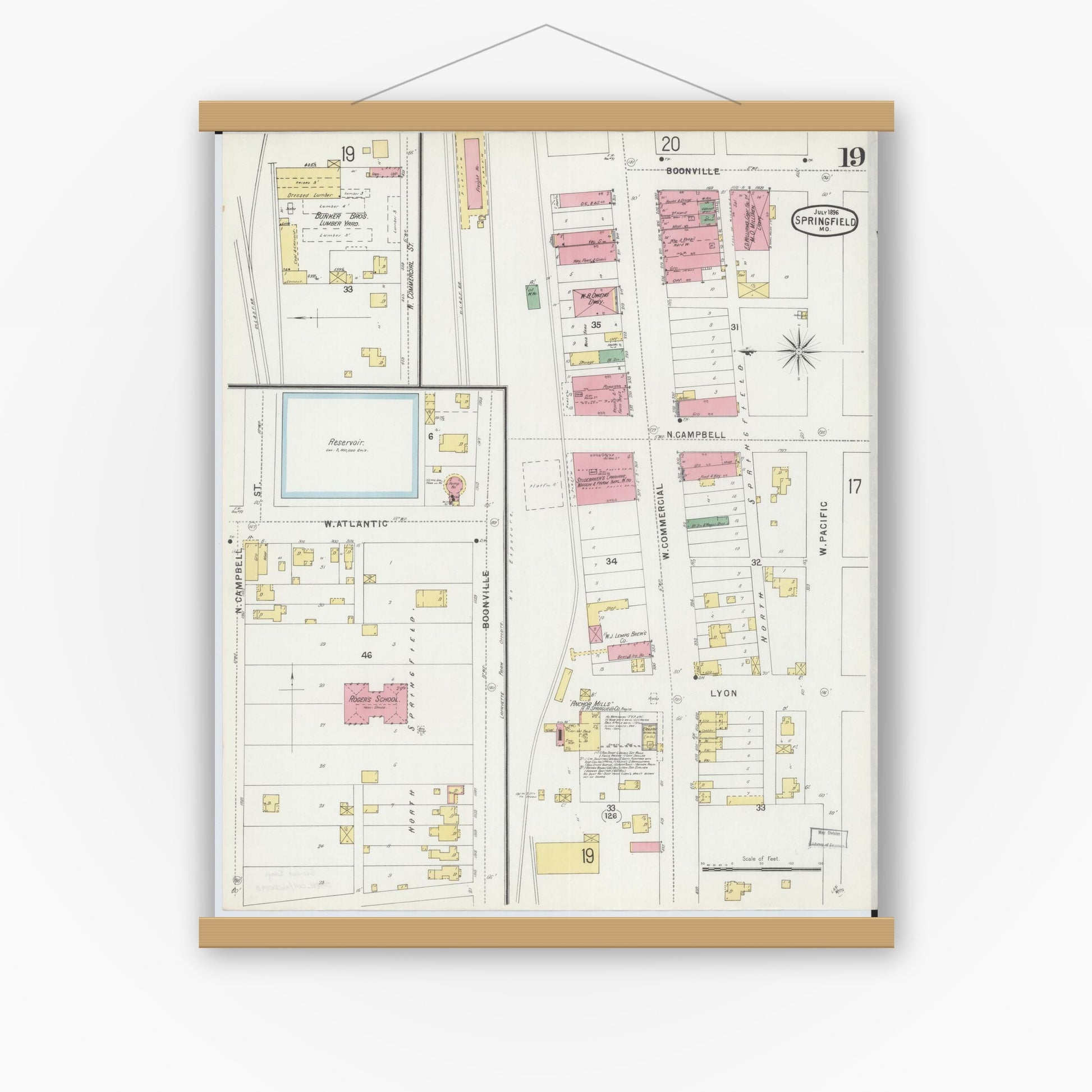 Old map wall art mockup — magnetic wood frame on white wall — Sanborn Fire Insurance Map from Springfield, Greene County, Missouri (1896), Sheet #0019