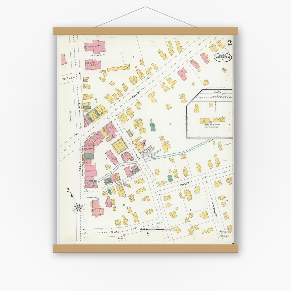 Old map wall art mockup — magnetic wood frame on white wall — Sanborn Fire Insurance Map from North East, Erie County, Pennsylvania (1905), Sheet #0002
