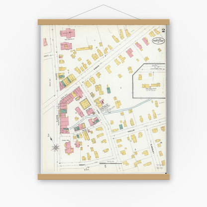 Old map wall art mockup — magnetic wood frame on white wall — Sanborn Fire Insurance Map from North East, Erie County, Pennsylvania (1905), Sheet #0002