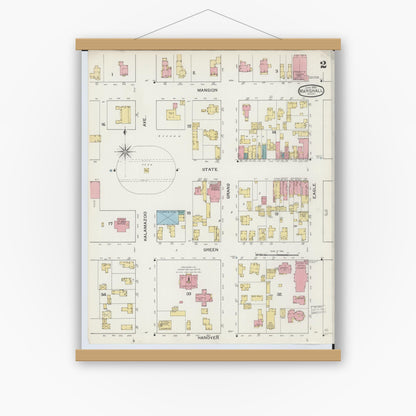 Old map wall art mockup — magnetic wood frame on white wall — Sanborn Fire Insurance Map from Marshall, Calhoun County, Michigan (1893), Sheet #0002