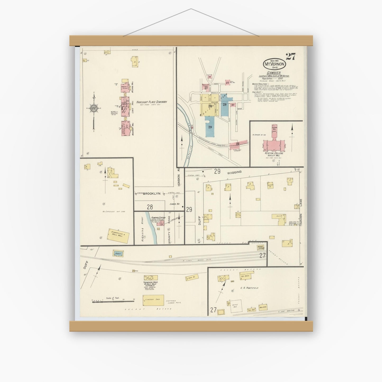Old map wall art mockup — magnetic wood frame on white wall — Sanborn Fire Insurance Map from Mount Vernon, Knox County, Ohio (1913), Sheet #0027