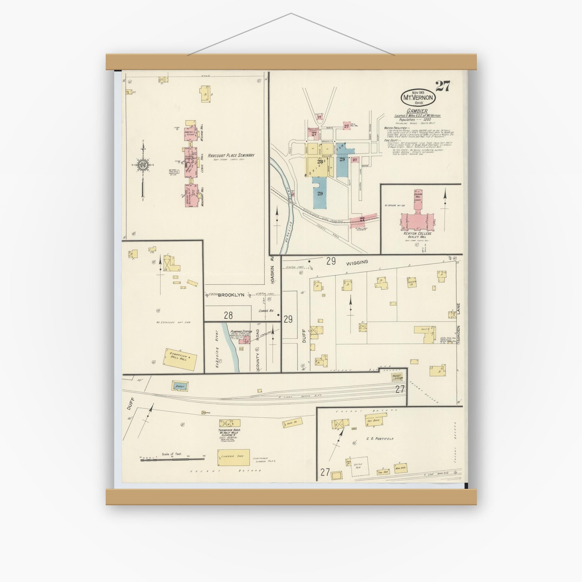 Old map wall art mockup — magnetic wood frame on white wall — Sanborn Fire Insurance Map from Mount Vernon, Knox County, Ohio (1913), Sheet #0027
