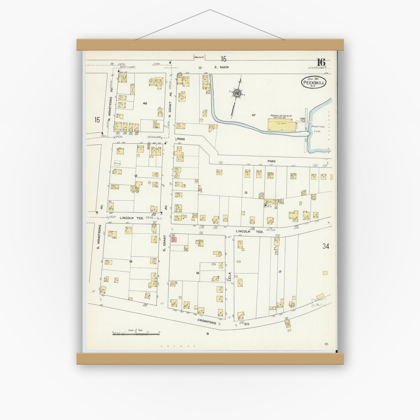 Old map wall art mockup — magnetic wood frame on white wall — Sanborn Fire Insurance Map from Peekskill, Westchester County, New York (1911), Sheet #0016
