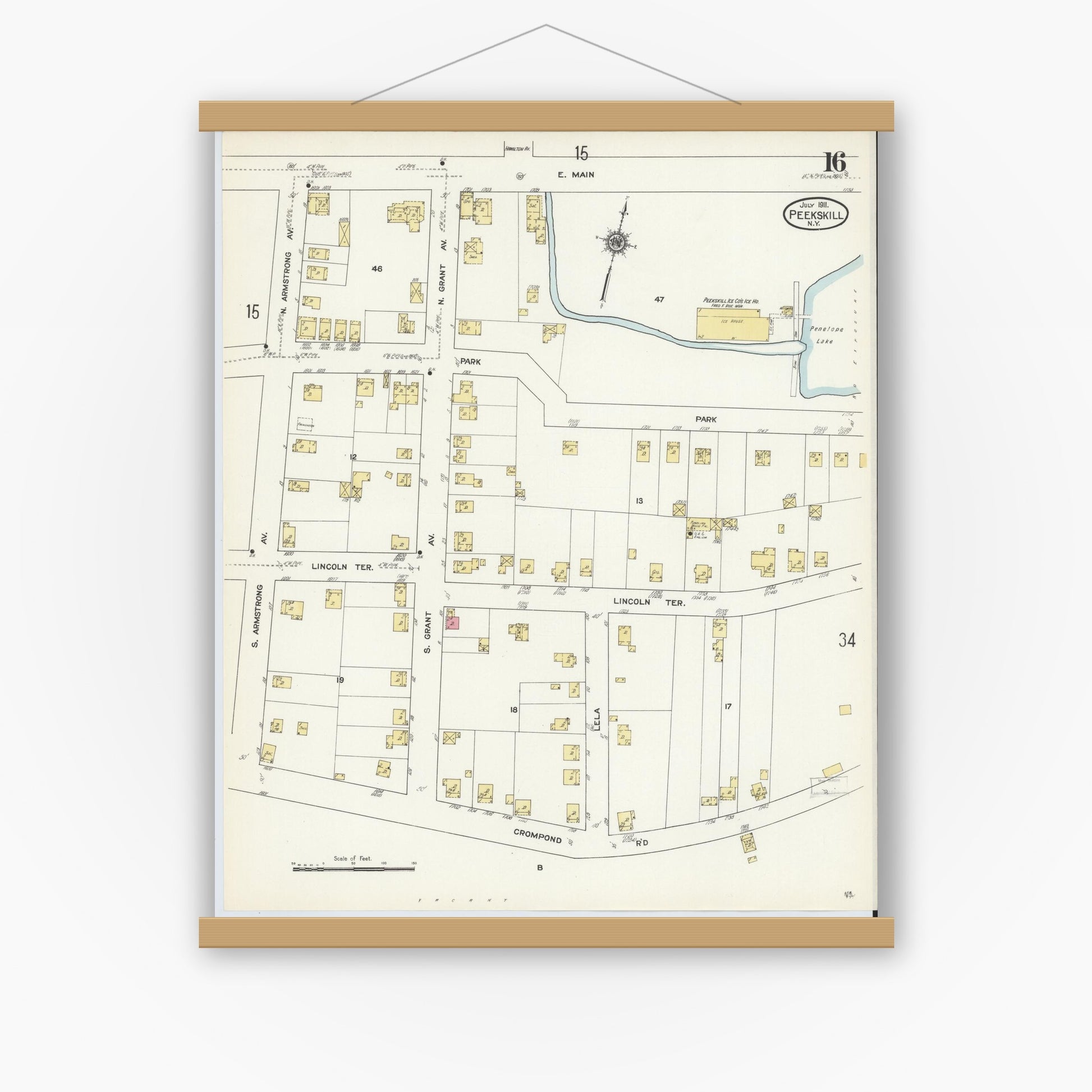 Old map wall art mockup — magnetic wood frame on white wall — Sanborn Fire Insurance Map from Peekskill, Westchester County, New York (1911), Sheet #0016