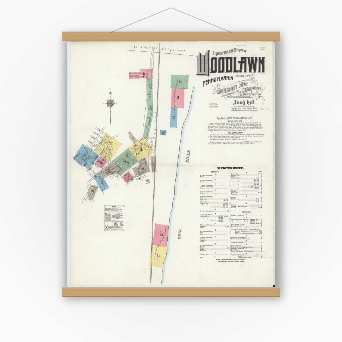 Old map wall art mockup — magnetic wood frame on white wall — Sanborn Fire Insurance Map from Woodlawn, Beaver County, Pennsylvania (1911) - Complete Map Set