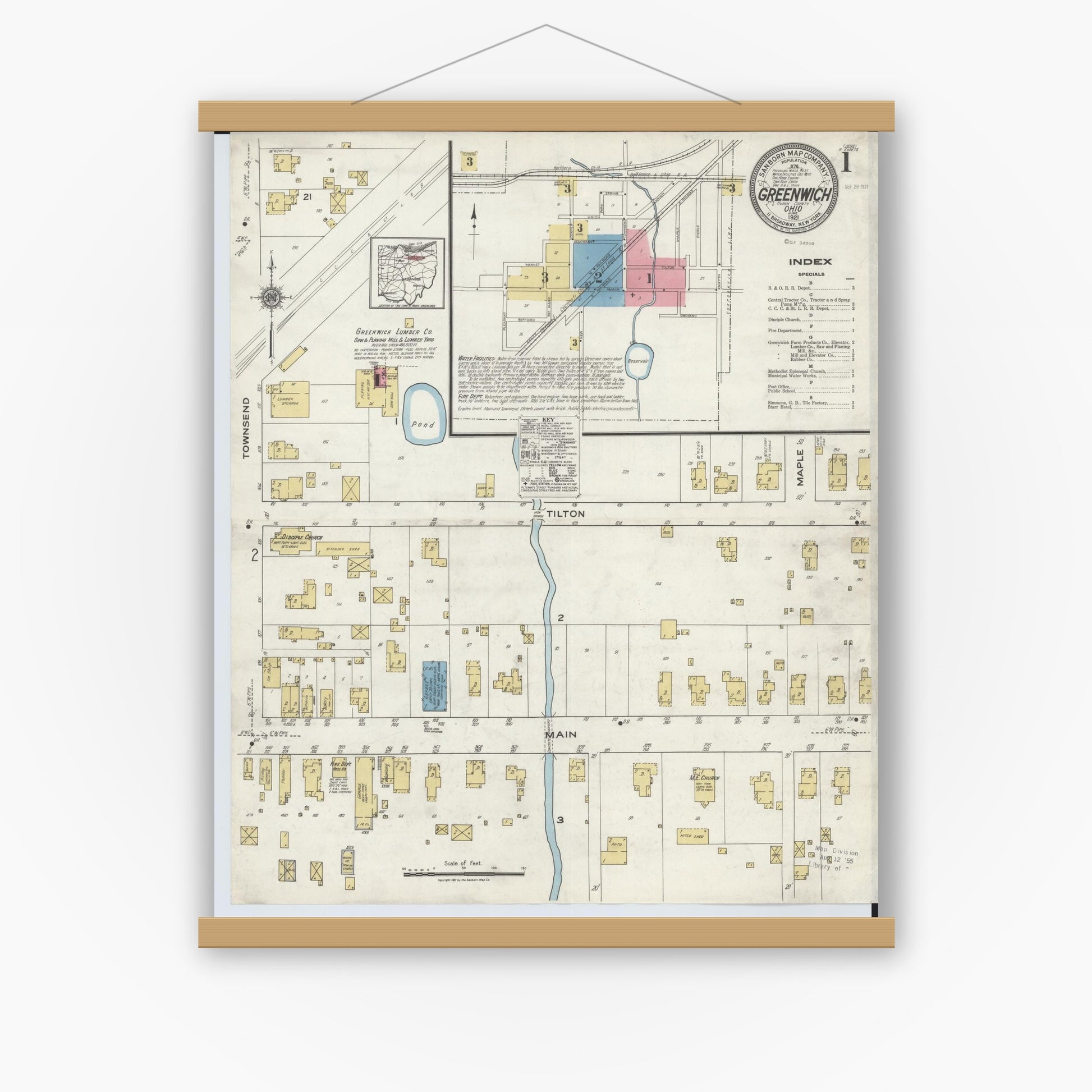 Old map wall art mockup — magnetic wood frame on white wall — Sanborn Fire Insurance Map from Greenwich, Huron County, Ohio (1921) - Complete Map Set