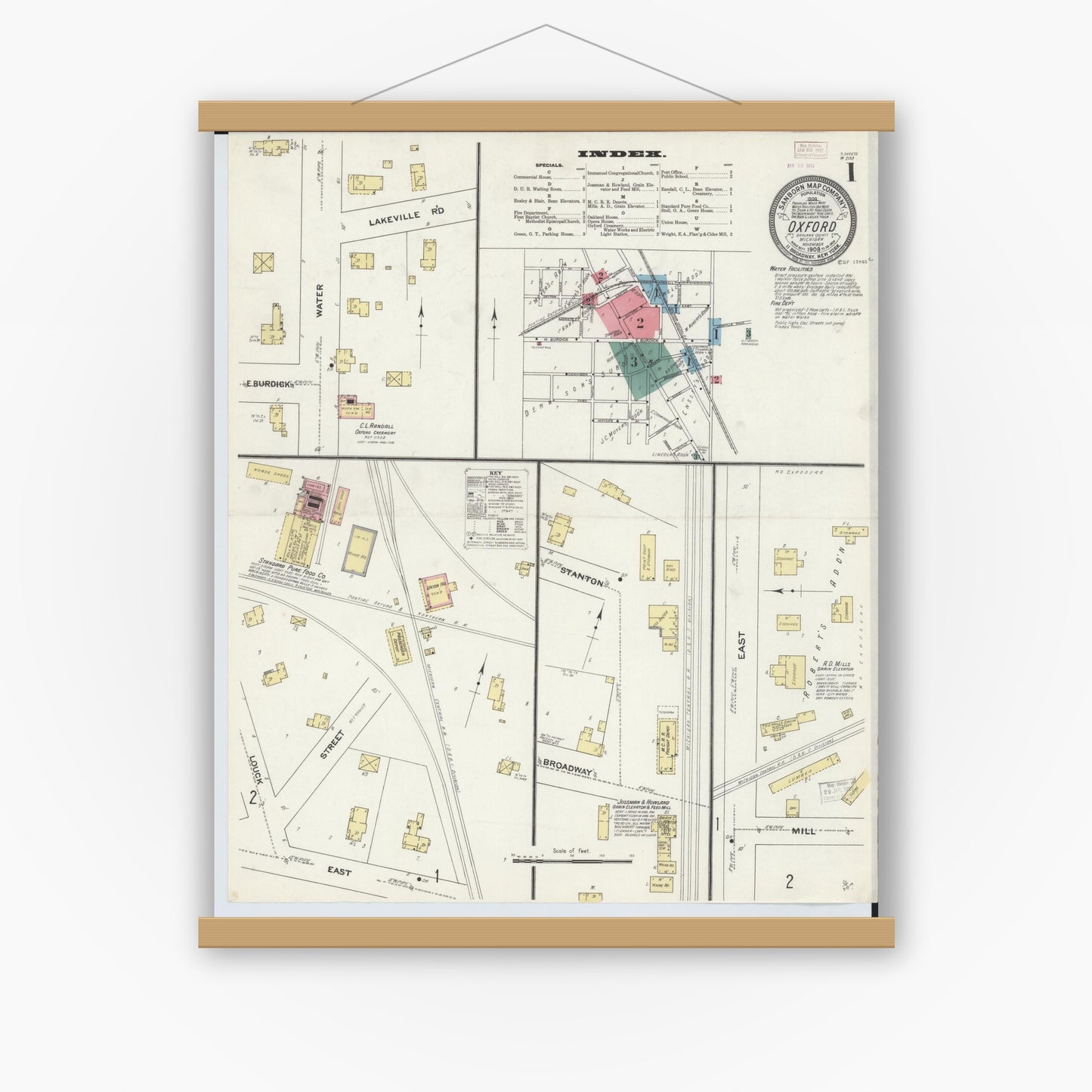 Old map wall art mockup — magnetic wood frame on white wall — Sanborn Fire Insurance Map from Oxford, Oakland County, Michigan (1903) - Complete Map Set