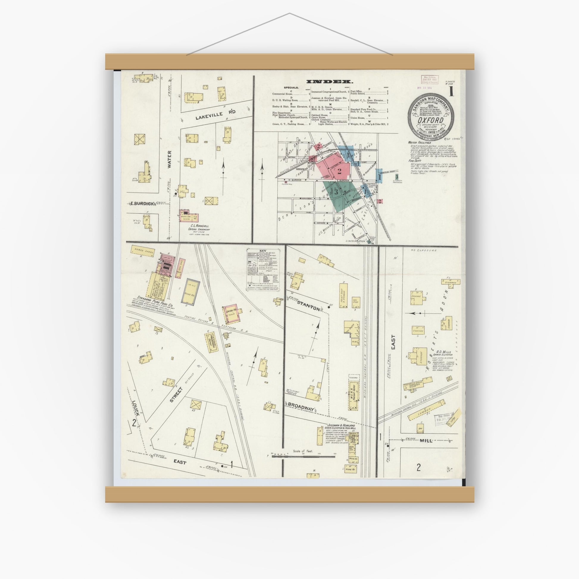 Old map wall art mockup — magnetic wood frame on white wall — Sanborn Fire Insurance Map from Oxford, Oakland County, Michigan (1903) - Complete Map Set