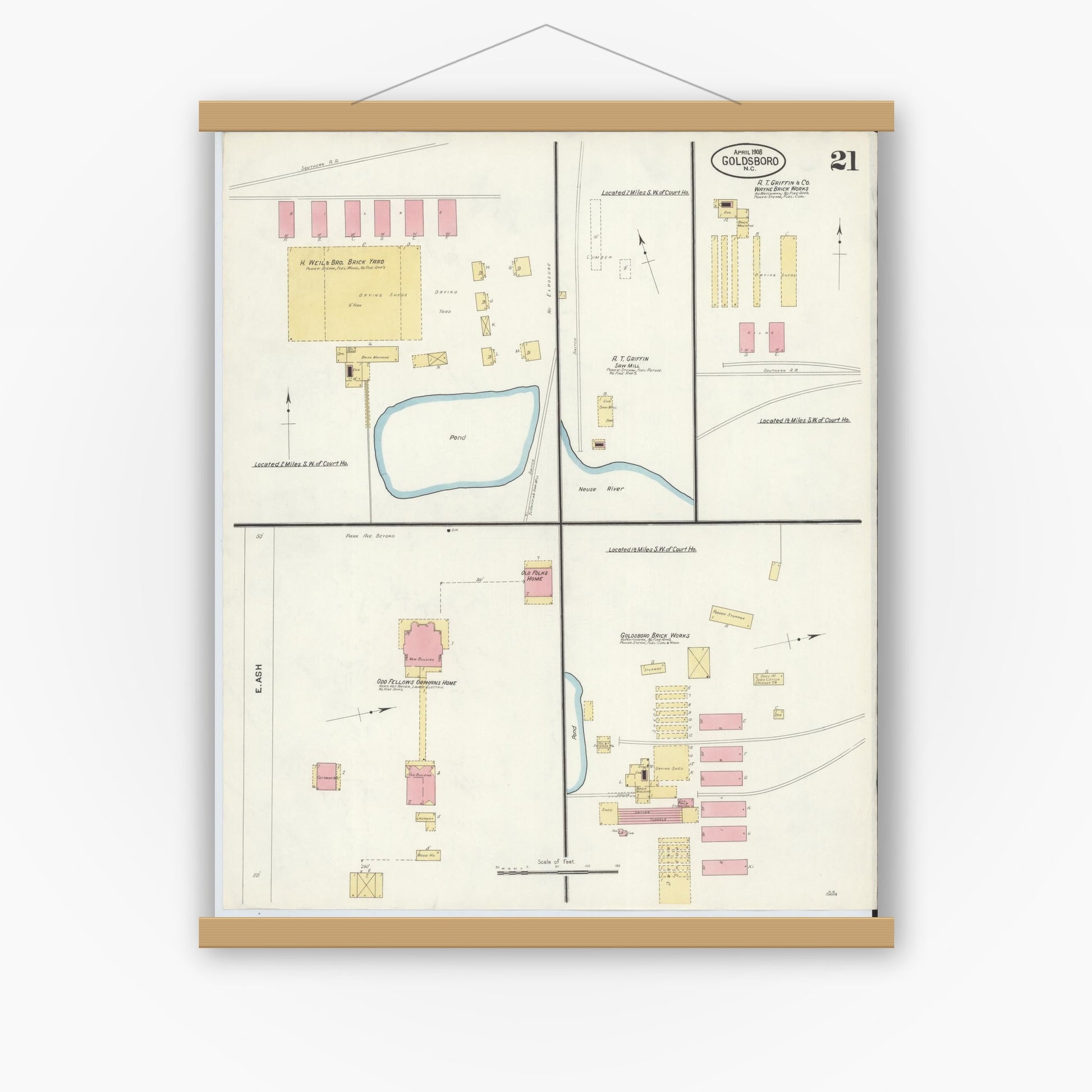 Old map wall art mockup — magnetic wood frame on white wall — Sanborn Fire Insurance Map from Goldsboro, Wayne County, North Carolina (1908), Sheet #0021