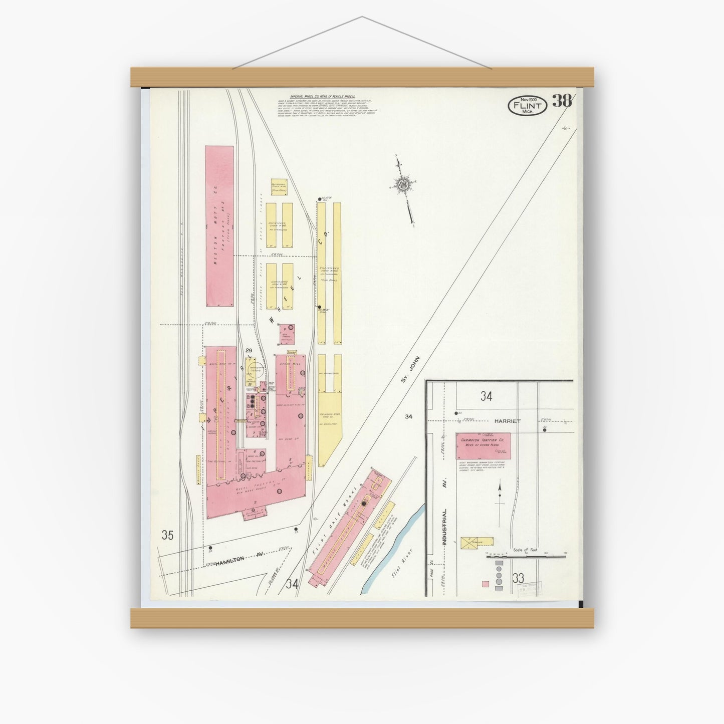 Old map wall art mockup — magnetic wood frame on white wall — Sanborn Fire Insurance Map from Flint, Genesee County, Michigan (1909), Sheet #0038