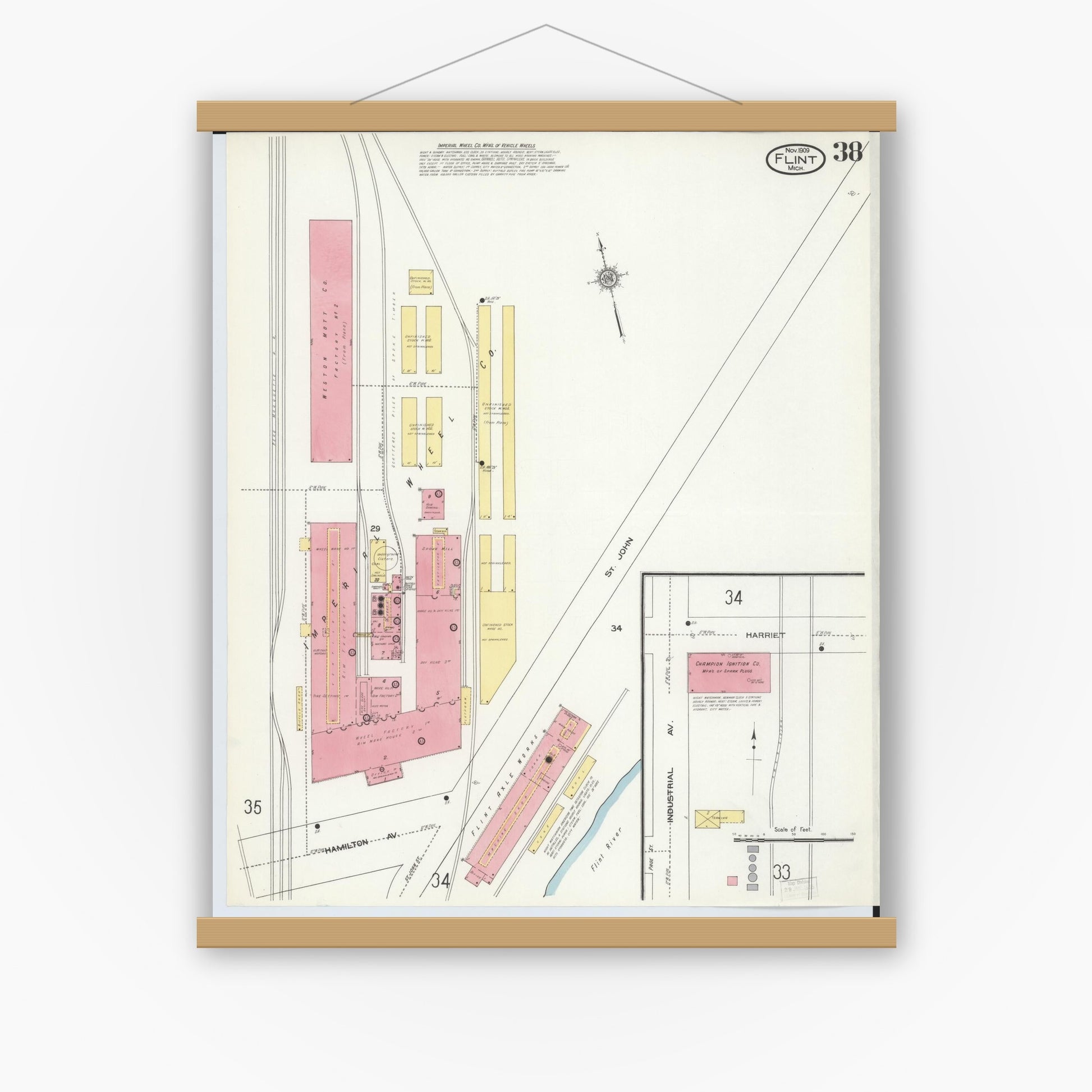 Old map wall art mockup — magnetic wood frame on white wall — Sanborn Fire Insurance Map from Flint, Genesee County, Michigan (1909), Sheet #0038