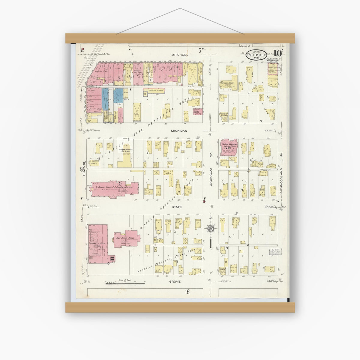 Old map wall art mockup — magnetic wood frame on white wall — Sanborn Fire Insurance Map from Petoskey, Emmet County, Michigan (1913), Sheet #0010