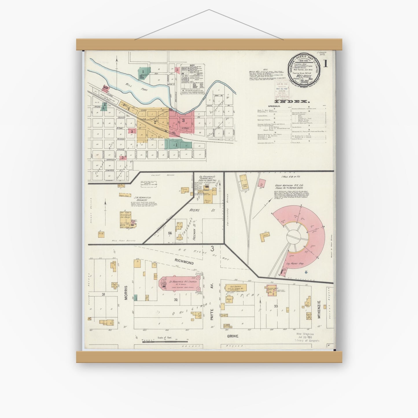Old map wall art mockup — magnetic wood frame on white wall — Sanborn Fire Insurance Map from Melrose, Stearns County, Minnesota (1900), Sheet #0001