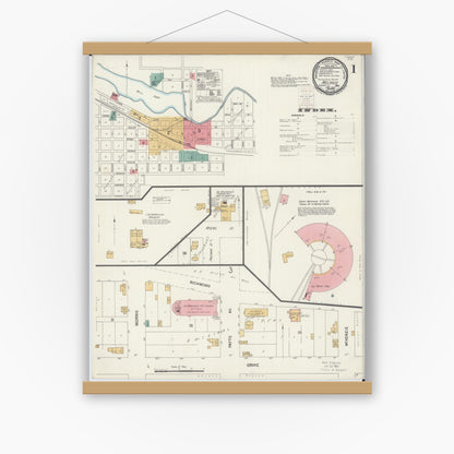 Old map wall art mockup — magnetic wood frame on white wall — Sanborn Fire Insurance Map from Melrose, Stearns County, Minnesota (1900), Sheet #0001
