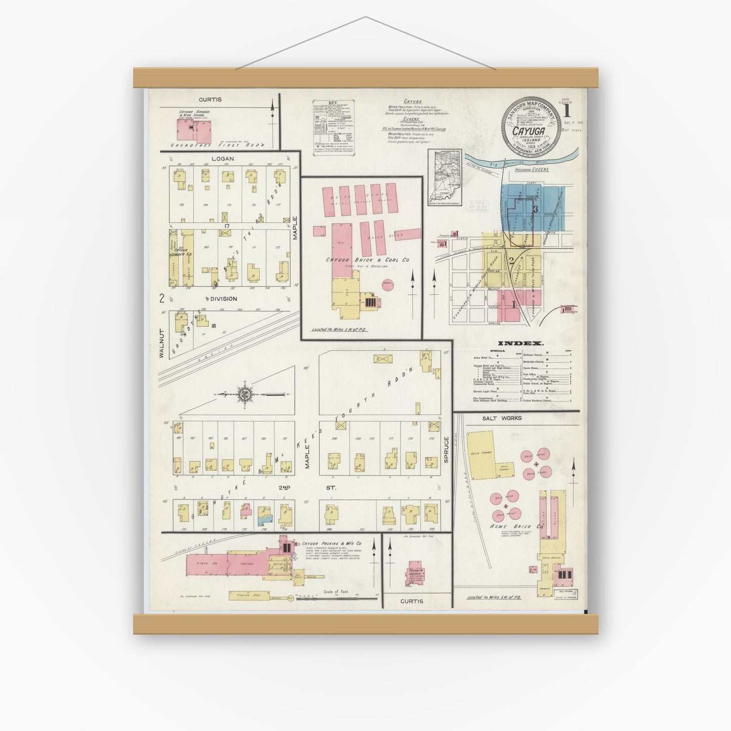 Old map wall art mockup — magnetic wood frame on white wall — Sanborn Fire Insurance Map from Cayuga, Vermillion County, Indiana (1913) - Complete Map Set