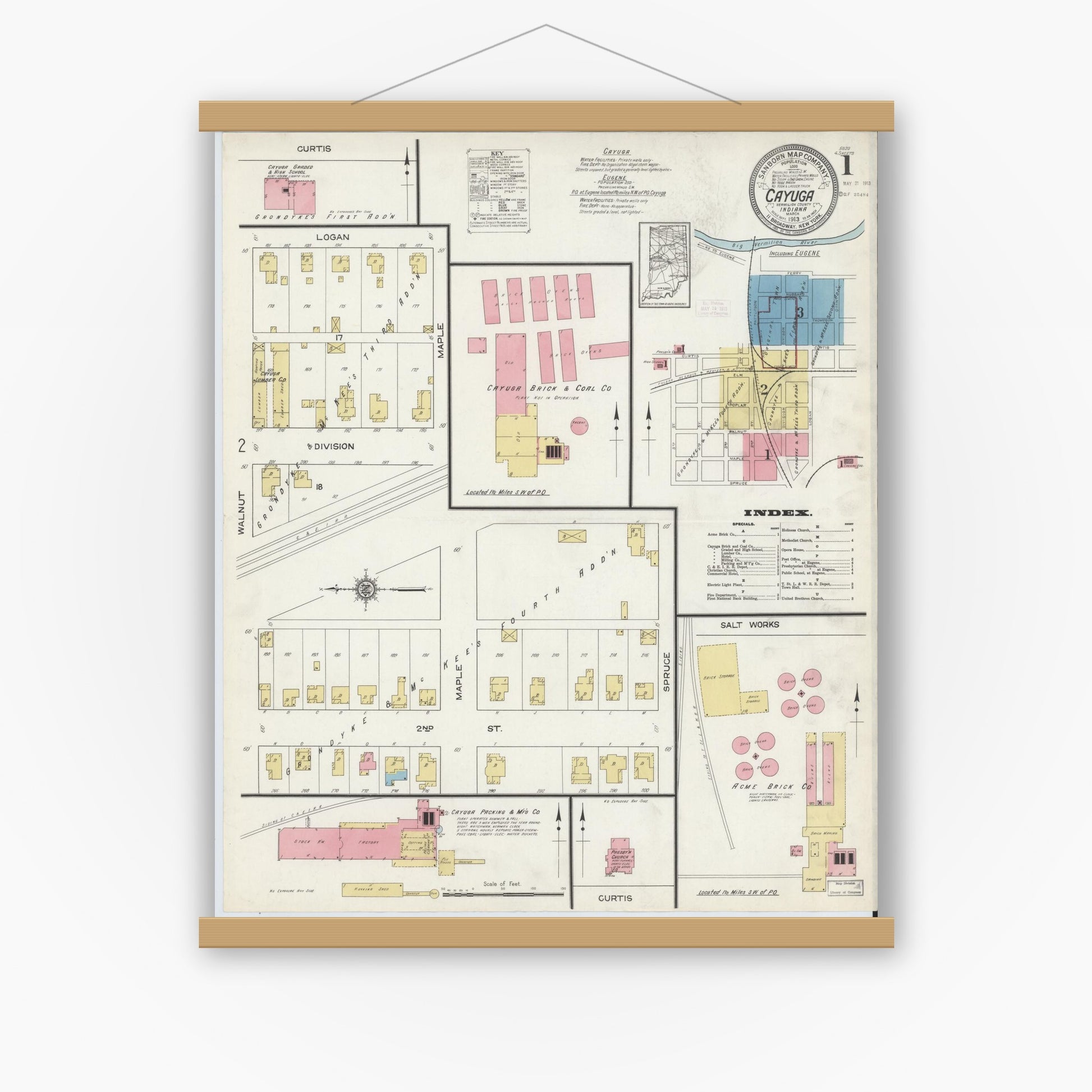 Old map wall art mockup — magnetic wood frame on white wall — Sanborn Fire Insurance Map from Cayuga, Vermillion County, Indiana (1913) - Complete Map Set
