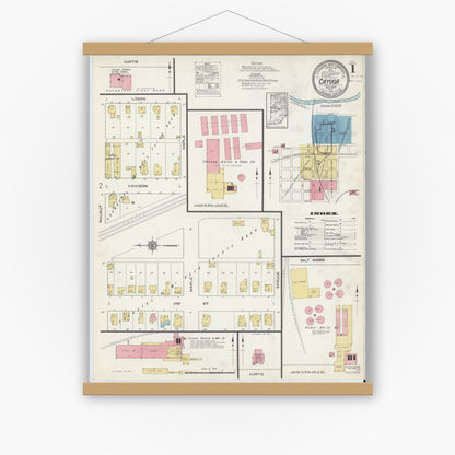 Old map wall art mockup — magnetic wood frame on white wall — Sanborn Fire Insurance Map from Cayuga, Vermillion County, Indiana (1913) - Complete Map Set