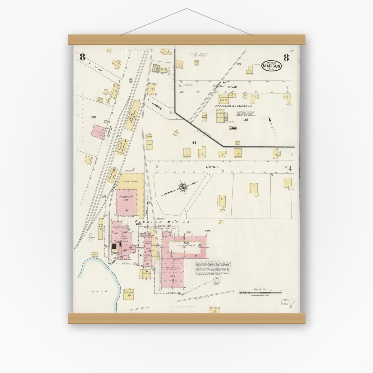 Old map wall art mockup — magnetic wood frame on white wall — Sanborn Fire Insurance Map from Madison, Madison County, Florida (1924), Sheet #0008