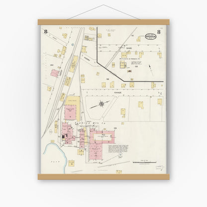 Old map wall art mockup — magnetic wood frame on white wall — Sanborn Fire Insurance Map from Madison, Madison County, Florida (1924), Sheet #0008