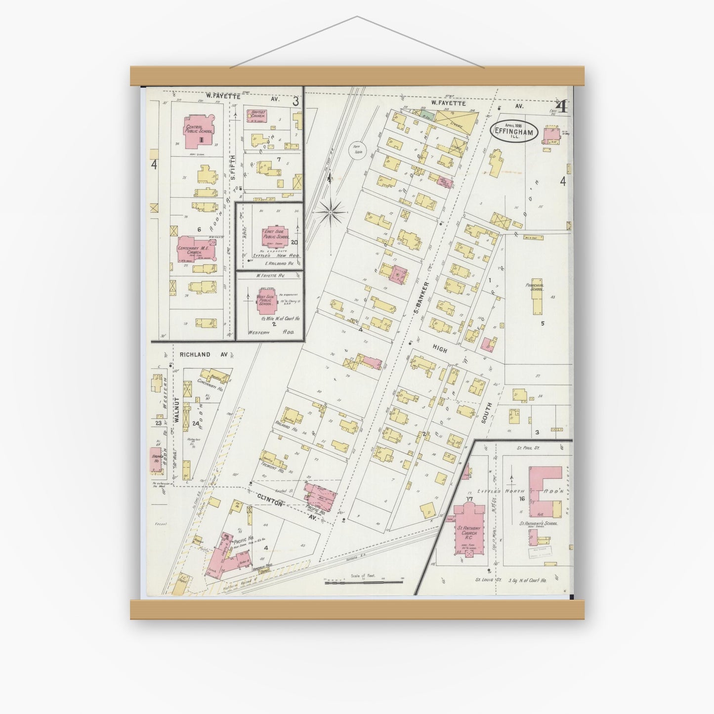 Old map wall art mockup — magnetic wood frame on white wall — Sanborn Fire Insurance Map from Effingham, Effingham County, Illinois (1898), Sheet #0004