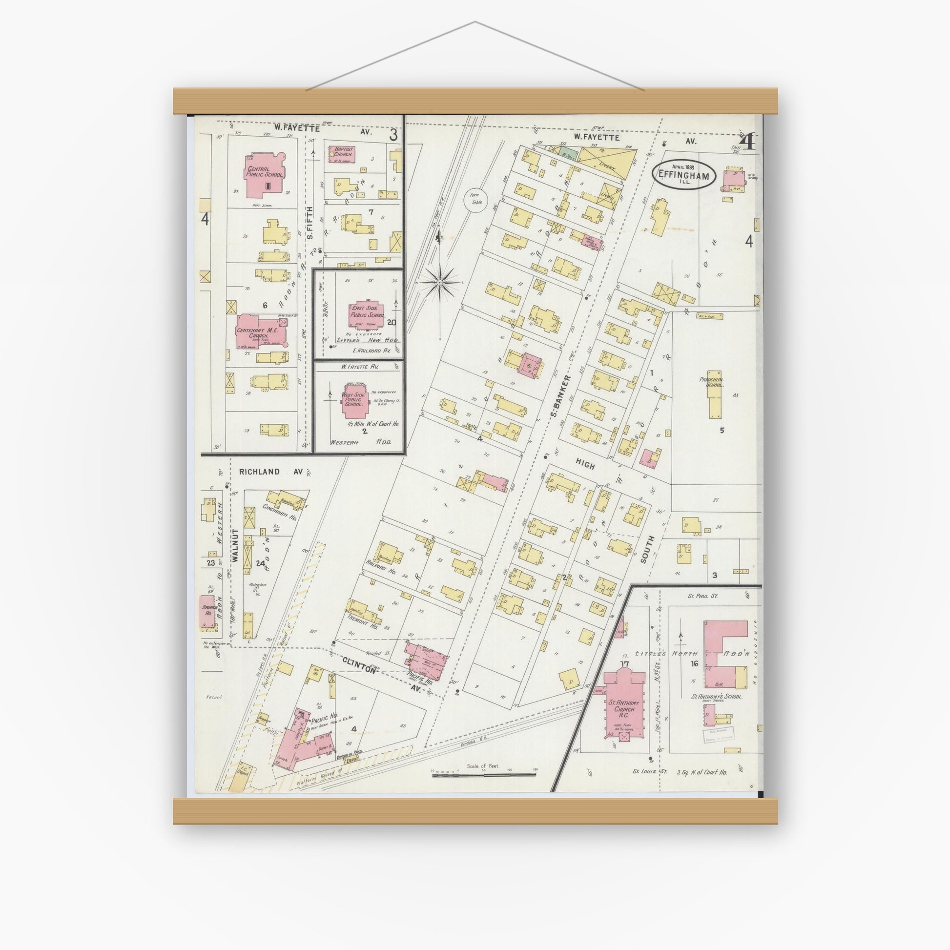 Old map wall art mockup — magnetic wood frame on white wall — Sanborn Fire Insurance Map from Effingham, Effingham County, Illinois (1898), Sheet #0004