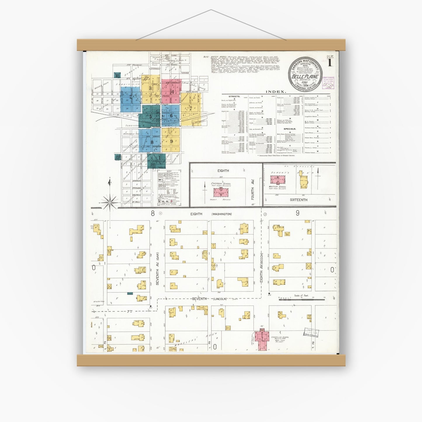 Old map wall art mockup — magnetic wood frame on white wall — Sanborn Fire Insurance Map from Belle Plaine, Benton County, Iowa (1906) â€” Complete Set