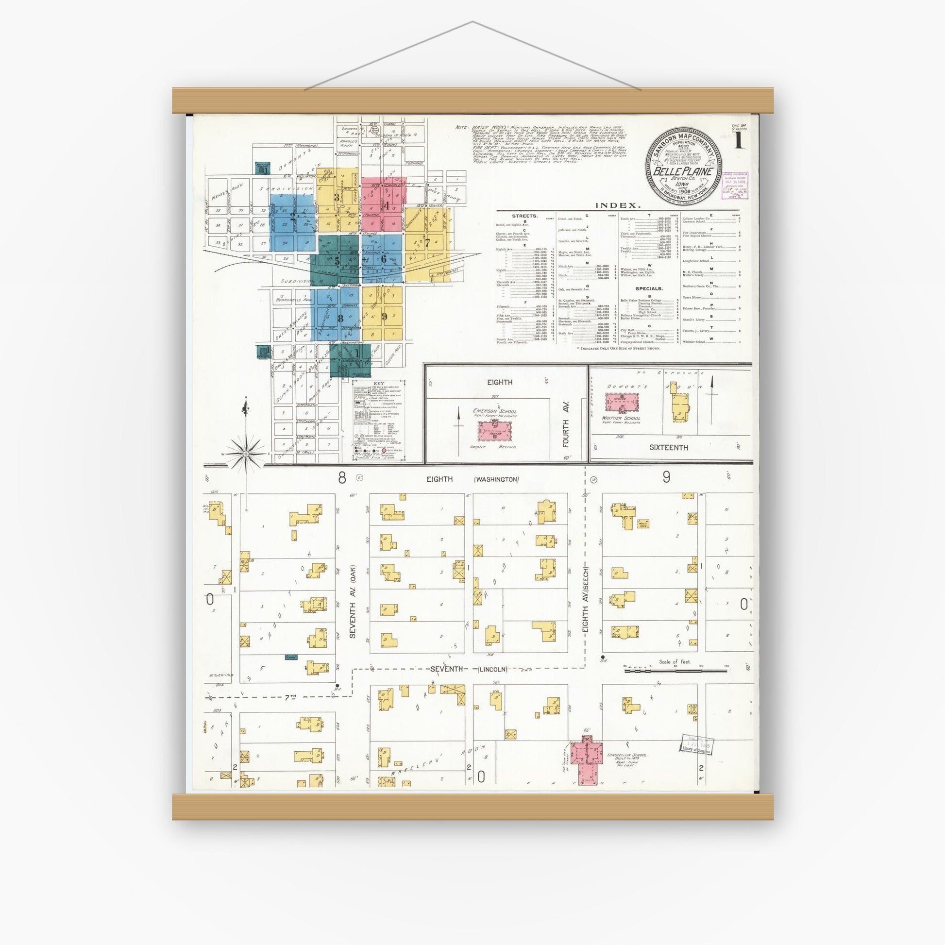 Old map wall art mockup — magnetic wood frame on white wall — Sanborn Fire Insurance Map from Belle Plaine, Benton County, Iowa (1906) â€” Complete Set