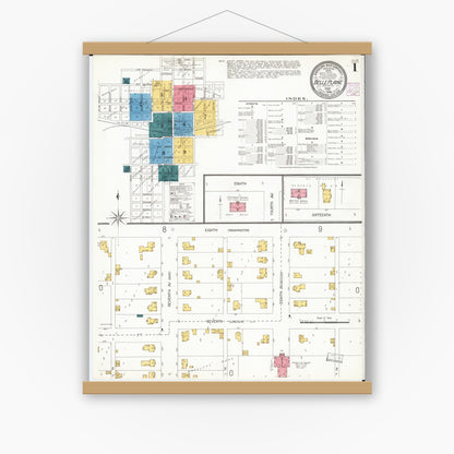 Old map wall art mockup — magnetic wood frame on white wall — Sanborn Fire Insurance Map from Belle Plaine, Benton County, Iowa (1906) â€” Complete Set