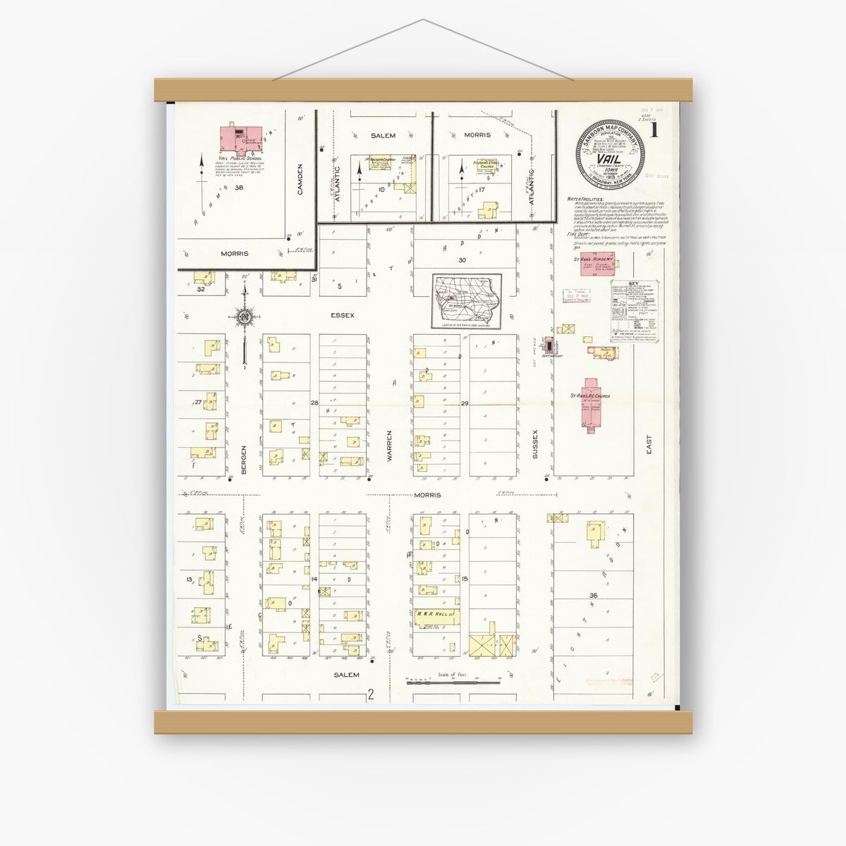 Old map wall art mockup — magnetic wood frame on white wall — Sanborn Fire Insurance Map from Vail, Crawford County, Iowa (1913) â€” Complete Set