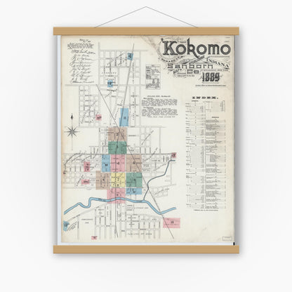 Old map wall art mockup — magnetic wood frame on white wall — Sanborn Fire Insurance Map from Kokomo, Howard County, Indiana (1889) - Complete Map Set