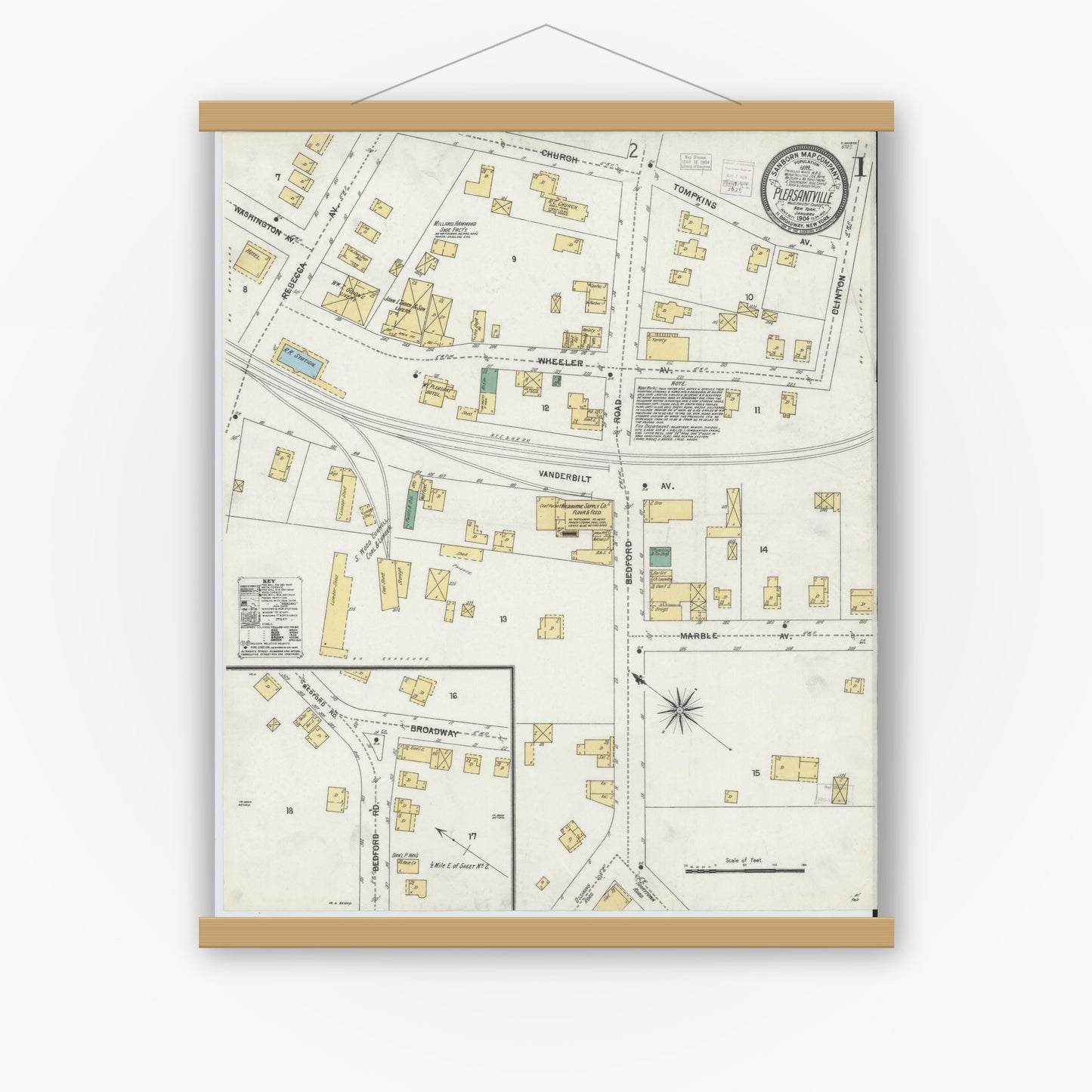 Old map wall art mockup — magnetic wood frame on white wall — Sanborn Fire Insurance Map from Pleasantville, Westchester County, New York (1904) - Complete Map Set