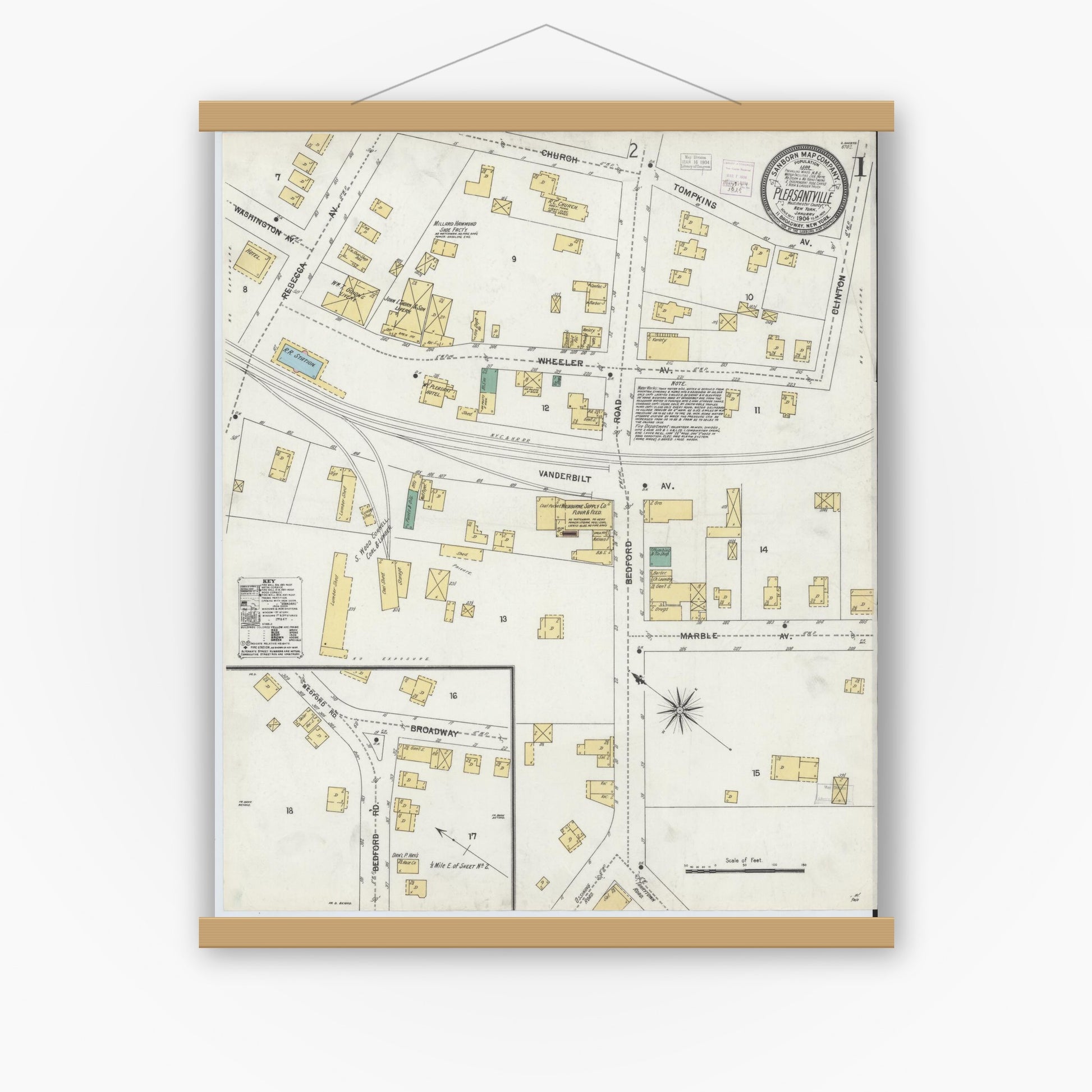 Old map wall art mockup — magnetic wood frame on white wall — Sanborn Fire Insurance Map from Pleasantville, Westchester County, New York (1904) - Complete Map Set