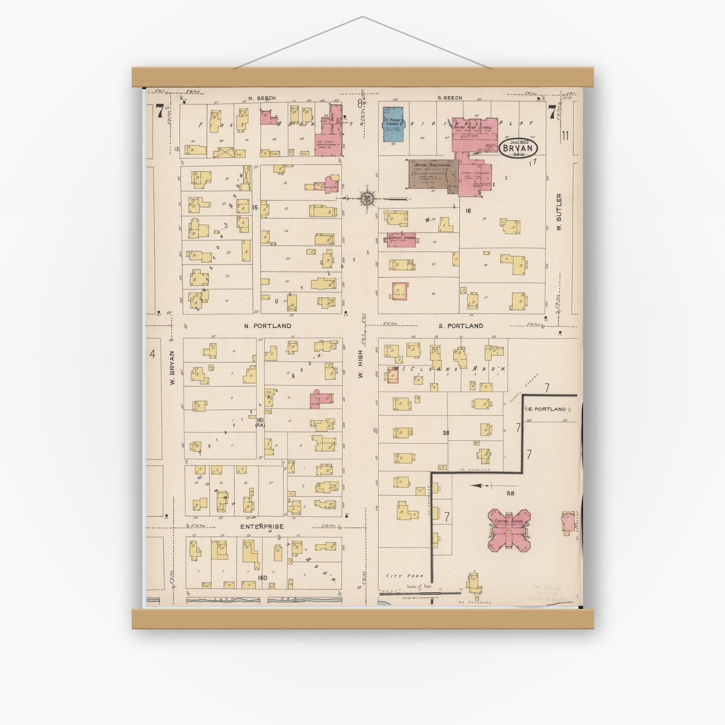 Old map wall art mockup — magnetic wood frame on white wall — Sanborn Fire Insurance Map from Bryan, Williams County, Ohio (1923), Sheet #0007
