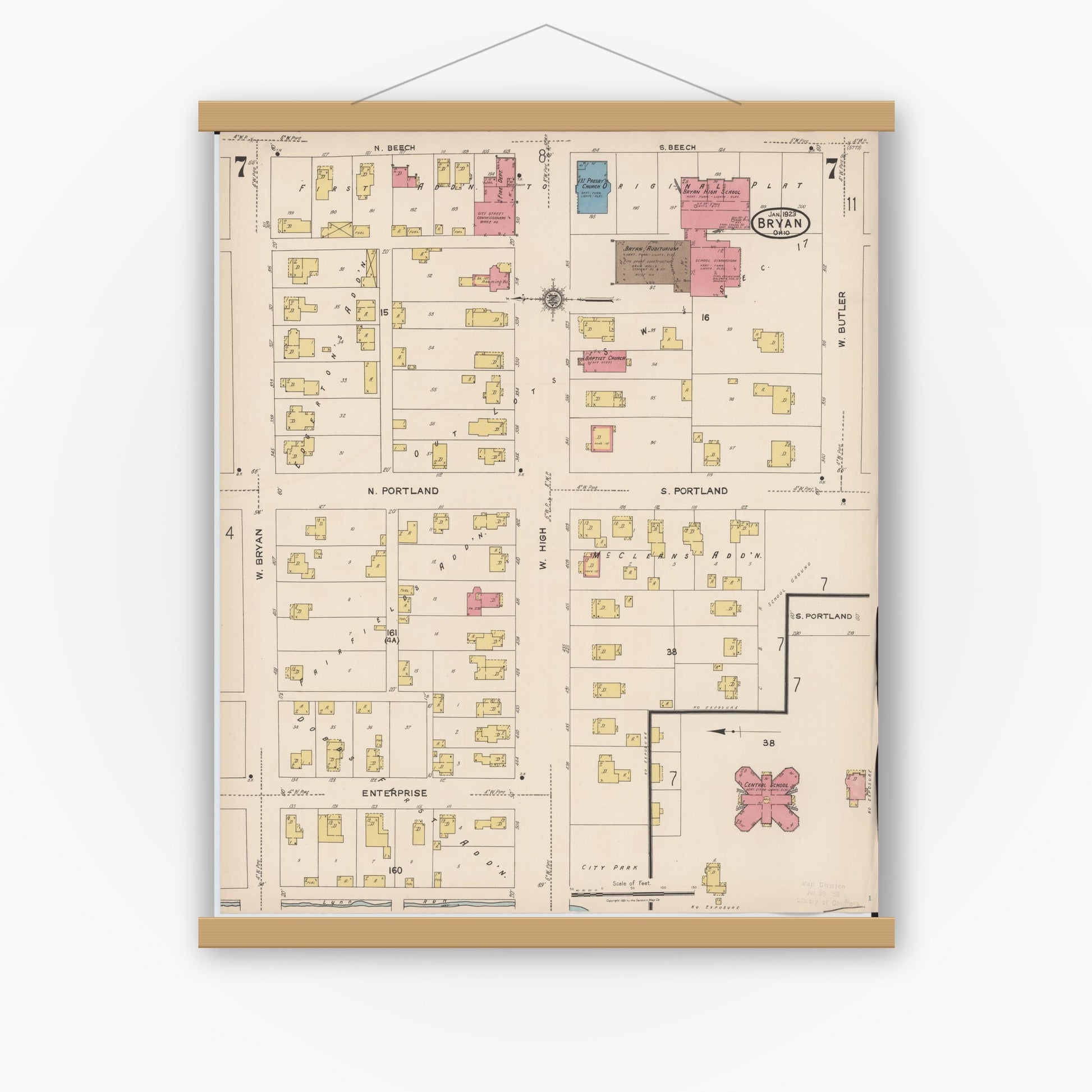 Old map wall art mockup — magnetic wood frame on white wall — Sanborn Fire Insurance Map from Bryan, Williams County, Ohio (1923), Sheet #0007