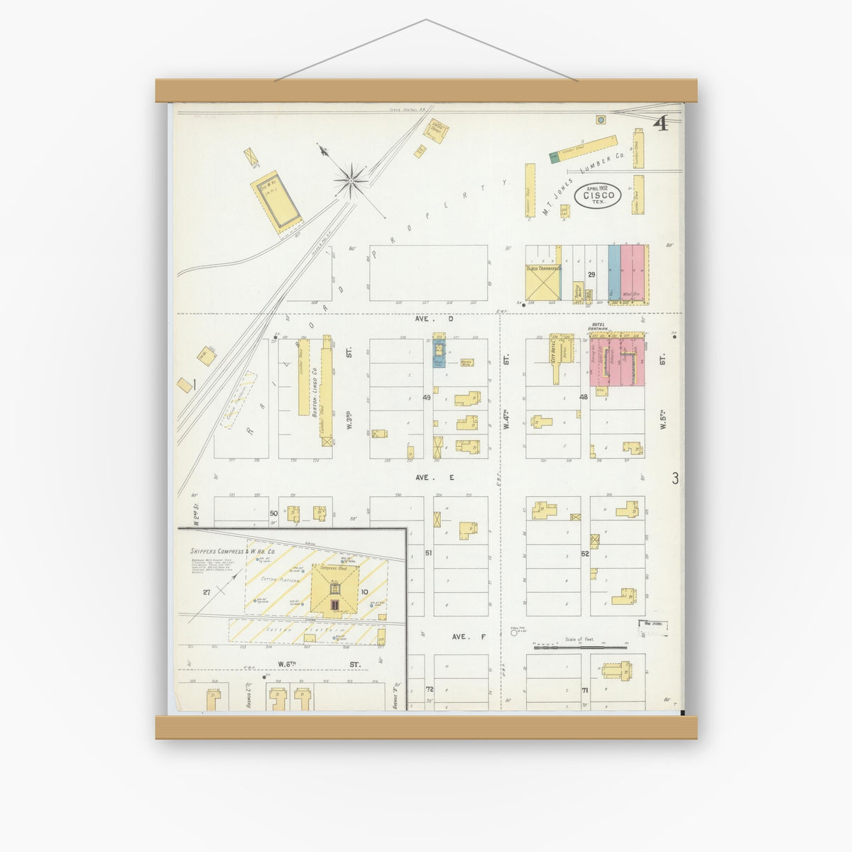 Old map wall art mockup — magnetic wood frame on white wall — Sanborn Fire Insurance Map from Cisco, Eastland County, Texas (1902), Sheet #0004