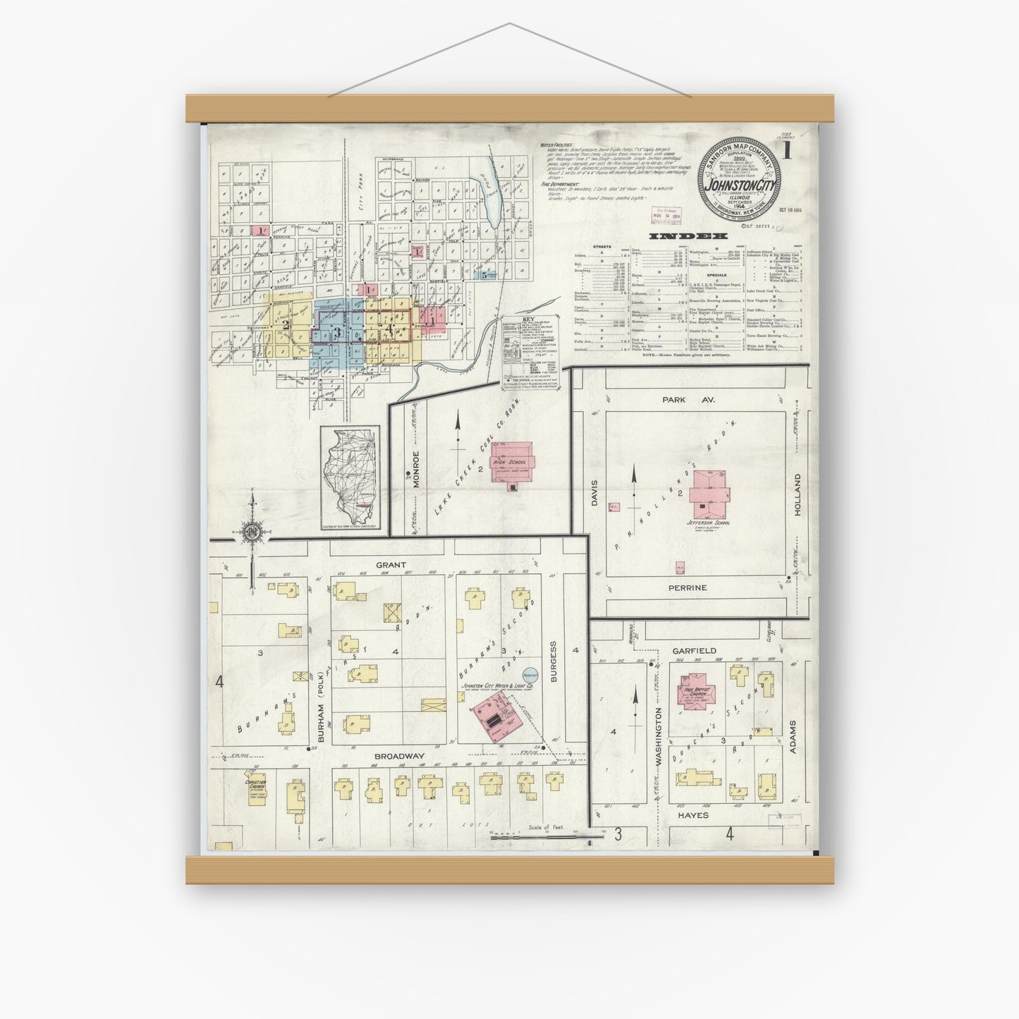 Old map wall art mockup — magnetic wood frame on white wall — Sanborn Fire Insurance Map from Johnston City, Williamson County, Illinois (1914) - Complete Map Set