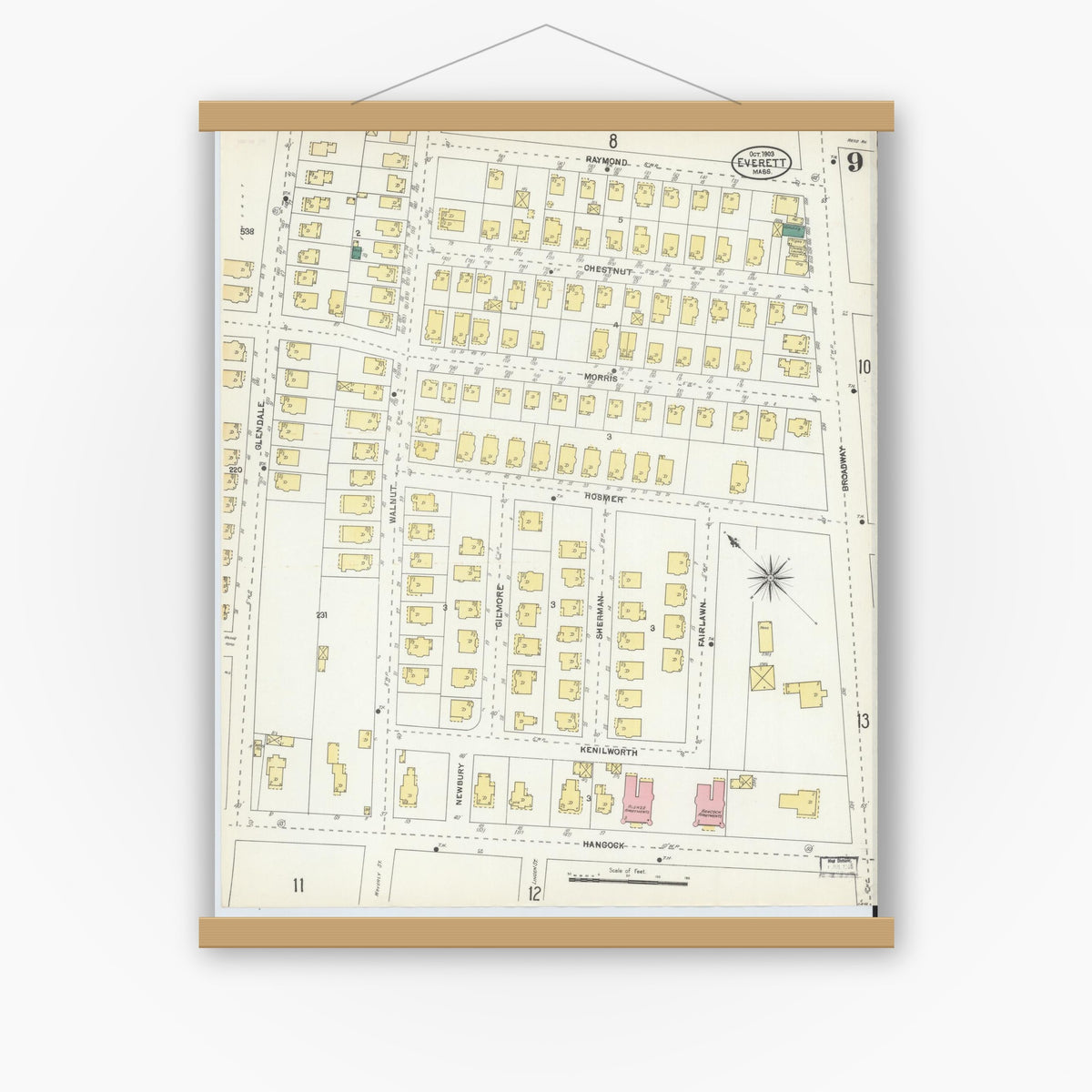Old map wall art mockup — magnetic wood frame on white wall — Sanborn Fire Insurance Map from Everett, Middlesex County, Massachusetts (1903), Sheet #0009