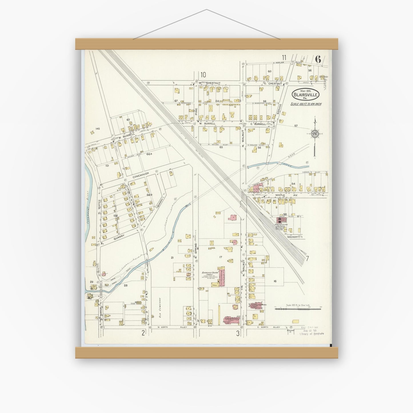 Old map wall art mockup — magnetic wood frame on white wall — Sanborn Fire Insurance Map from Blairsville, Indiana County, Pennsylvania (1915), Sheet #0006
