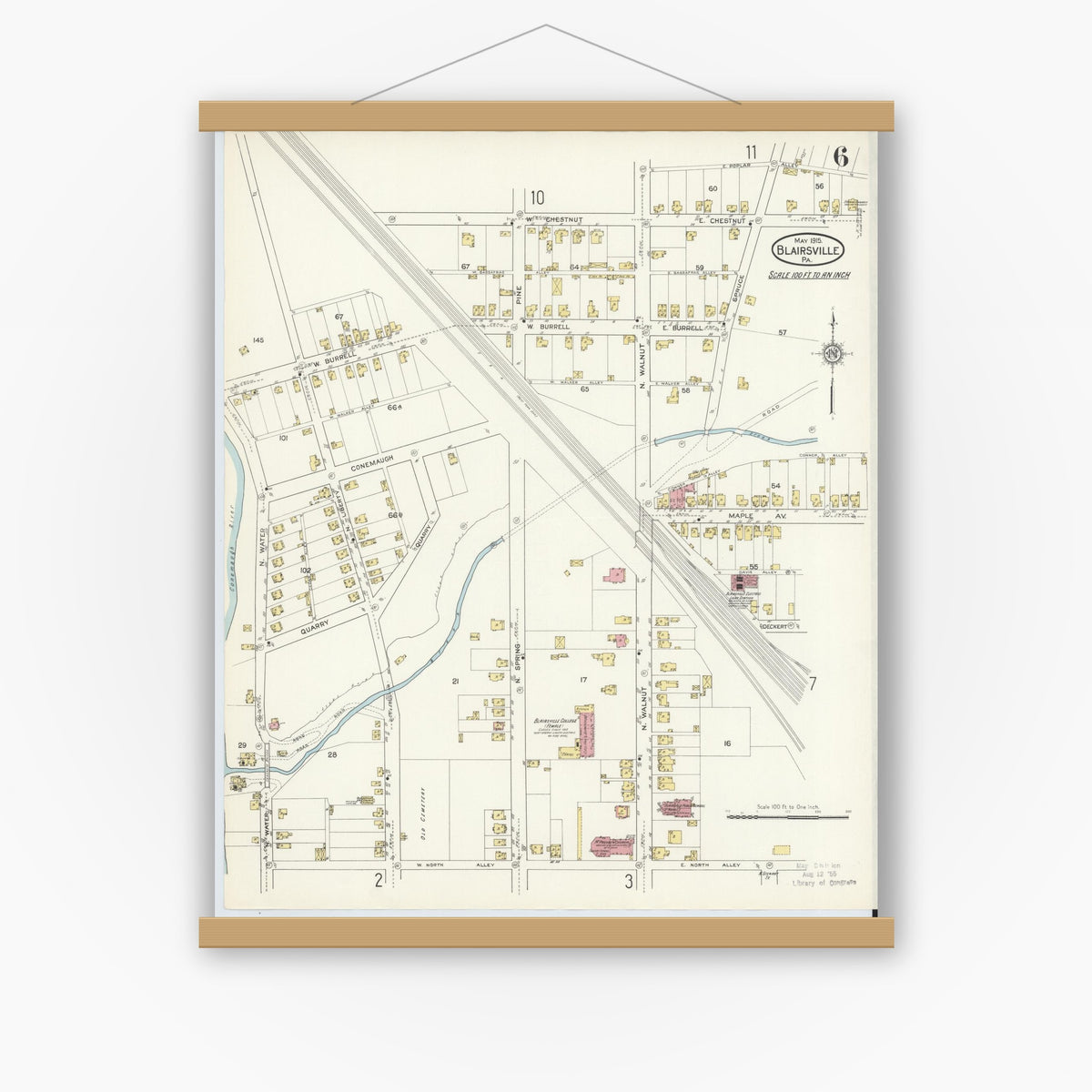 Old map wall art mockup — magnetic wood frame on white wall — Sanborn Fire Insurance Map from Blairsville, Indiana County, Pennsylvania (1915), Sheet #0006